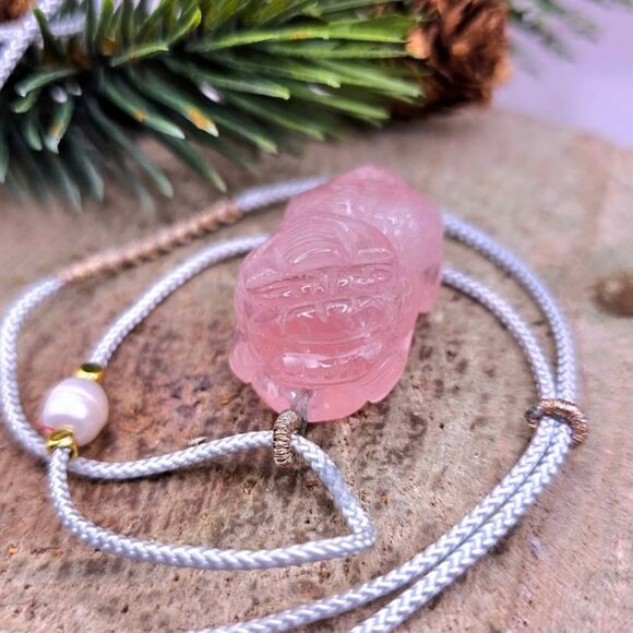 Nature Rose Quartz Pi Xiu Hand Braided Pendant Necklace - Picture 1 of 10